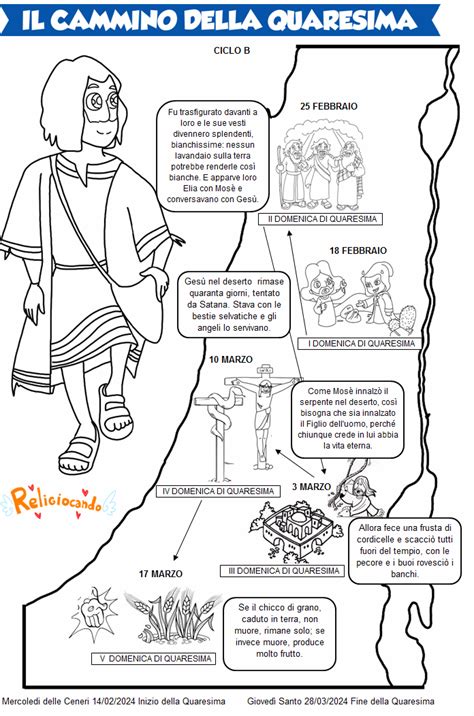 Infografica che illustra il cammino di 40 giorni dalla Quaresima alla Pasqua con icone colorate per i bambini