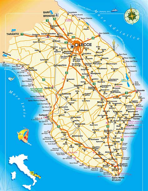 Mappa del Salento con evidenziata la Litoranea Salentina e il percorso costiero da Manduria a Santa Maria di Leuca