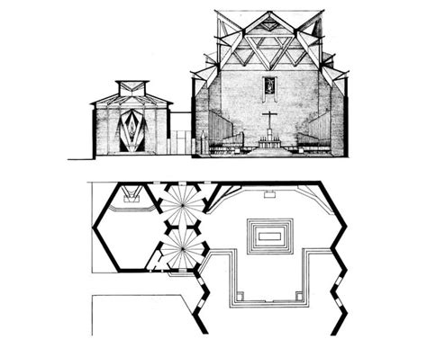Schema architettonico e prospetto della volta sfaccettata in cemento armato della Chiesa del Gesù Redentore