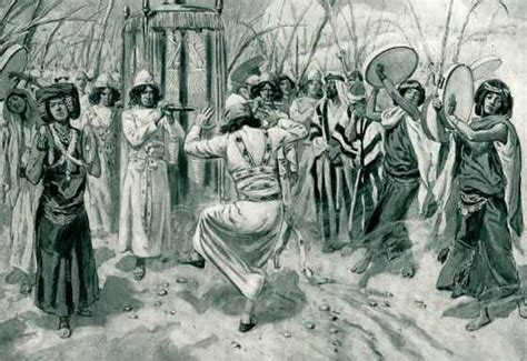 Illustrazione biblica di Re Davide che danza davanti all'Arca dell'Alleanza in un contesto di gioia liturgica