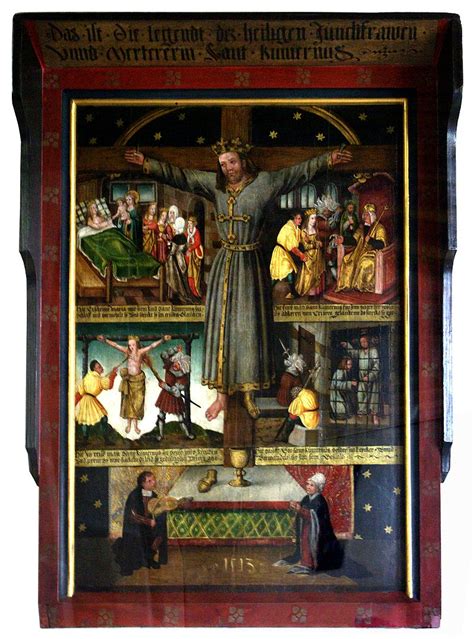 Statua lignea di Santa Starosta o Vilgefortis, la santa barbuta crocifissa, esposta nel santuario