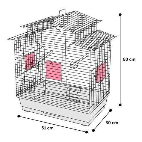 Disegno schematico di una gabbia per parrocchetti con le dimensioni e gli accessori raccomandati.