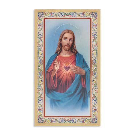 Illustrazione del Sacro Cuore di Gesù, con fiamme, corona di spine e croce, in uno stile tradizionale da santino