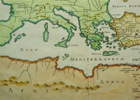 Mappa antica del bacino del Mediterraneo che mostra antiche civiltà e città in rovina