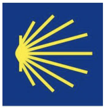 Iconica conchiglia di Santiago e freccia gialla che indicano la direzione del cammino