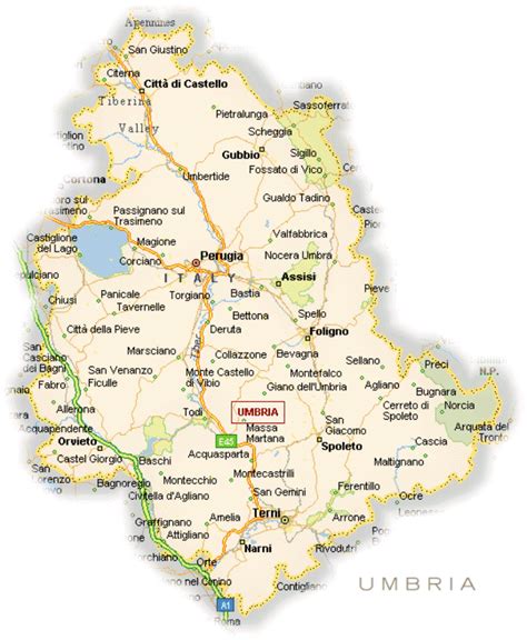 Mappa dell'Umbria con evidenziata la Via Flaminia e l'ubicazione dell'Abbazia di San Felice