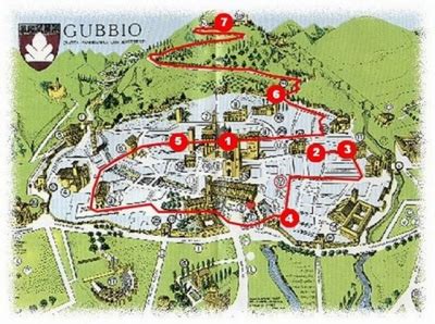 Mappa storica di Gubbio con indicazione dei luoghi legati al Lupo