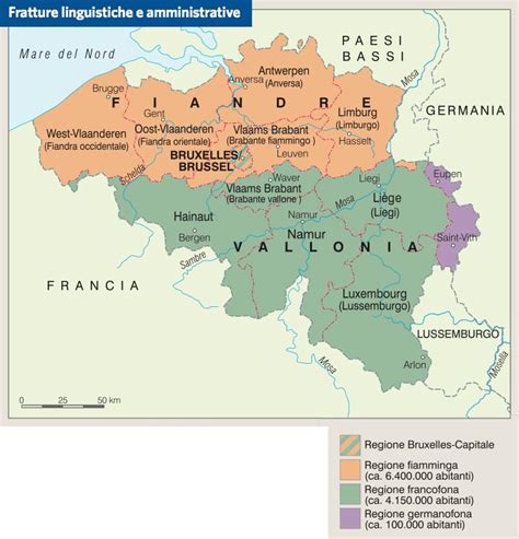 Mappa delle regioni linguistiche del Belgio (Fiandre, Vallonia, Bruxelles)