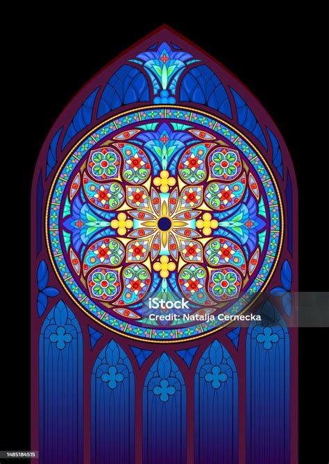 Fotografia artistica di una vetrata gotica blu che riflette la luce solare all'interno di una chiesa storica