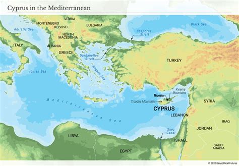 Mappa dell'isola di Cipro nel Mediterraneo Orientale