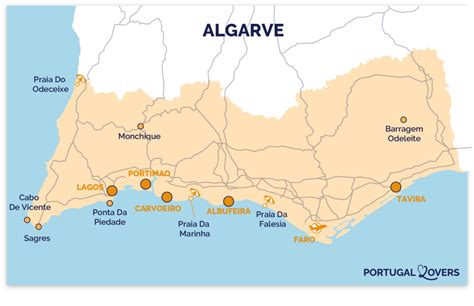Mappa panoramica della costa dell'Algarve con evidenziati i punti di interesse: Benagil, Algar Seco, Portimão e Lagos