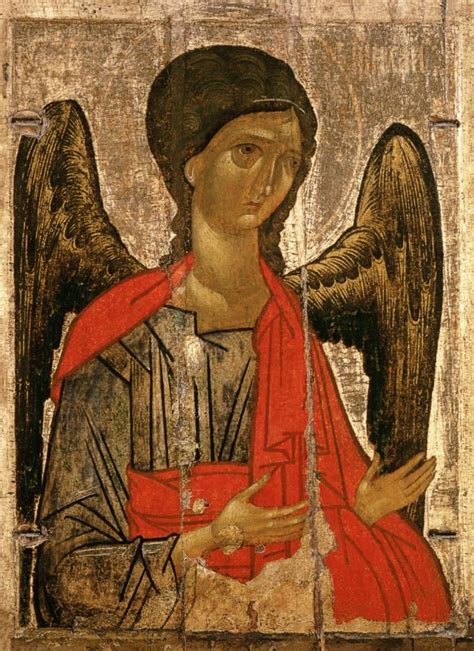 Dettaglio di un'antica icona russa dell'Arcangelo Michele con i dettagli descritti
