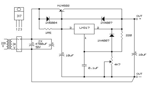 Schema elettrico del regolatore LM317 con componenti esterni per la regolazione della tensione