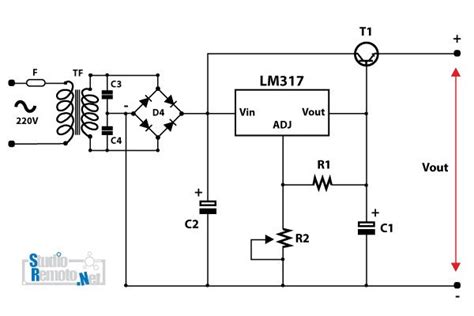 Schema elettrico completo di alimentatore variabile con LM317 e transistor di potenza