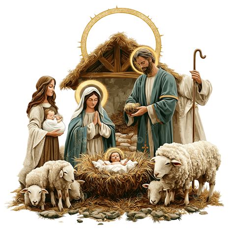 Illustrazione della natività con Giuseppe che prepara la stalla.