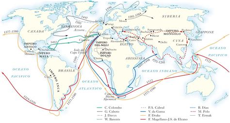 Mappa storica delle scoperte geografiche con percorsi marittimi