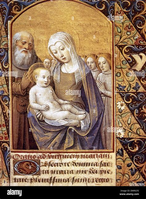 Miniatura di San Giuseppe addormentato accanto alla Vergine Maria e al Bambino Gesù, stile medievale