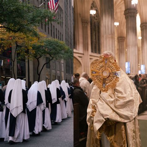 Foto di partecipanti alla processione eucaristica a New York, inclusi religiosi e laici