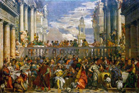 Dipinto raffigurante le Nozze di Cana con Gesù e Maria