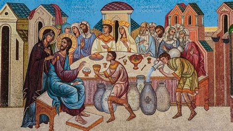 Mosaico raffigurante le Nozze di Cana, con dettaglio delle giare e la trasformazione dell'acqua in vino