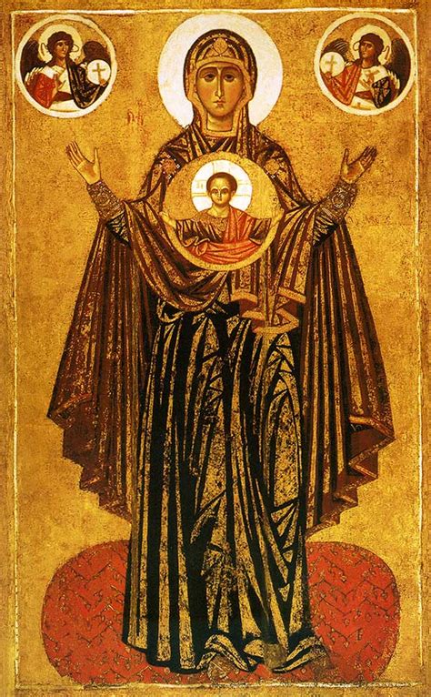 Icona della Maria Orante con le mani alzate, stile bizantino