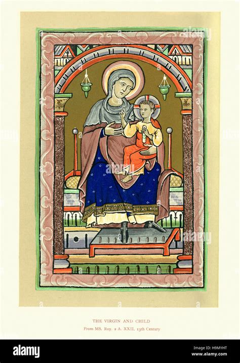 Illustrazione della Vergine Maria con bambino, in stile medievale