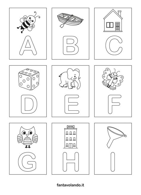 Esempio di schede dell'alfabeto illustrate da colorare con abbinamento immagine-parola