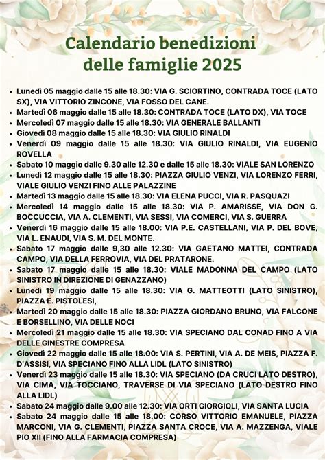 Calendario delle benedizioni parrocchiali con indicazione delle vie e delle date