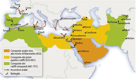 Mappa dell'espansione islamica nel Mediterraneo