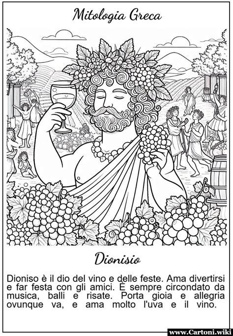 un'illustrazione che raffigura Dioniso circondato da grappoli d'uva e coppe di vino, con un'atmosfera di festa e disordine