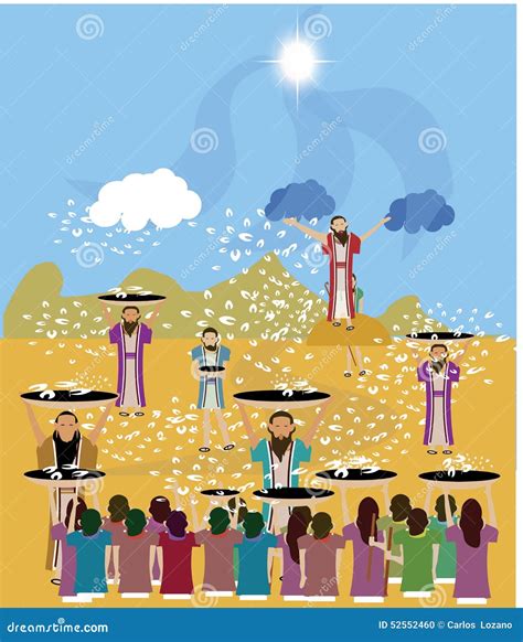 un'illustrazione che raffigura la manna che cade dal cielo su un accampamento nel deserto