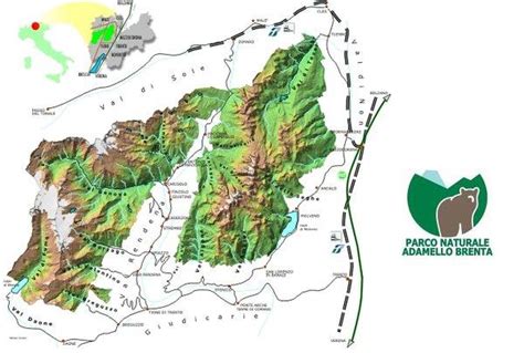 Mappa del Parco Naturale Adamello Brenta con evidenziata la zona di Vallesinella e Madonna di Campiglio