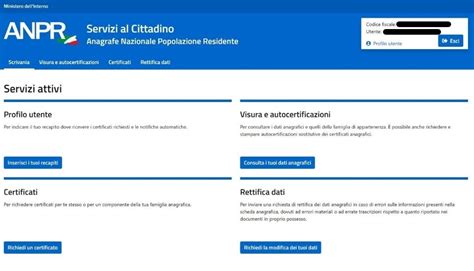Schema del portale ANPR per la richiesta di certificati anagrafici online