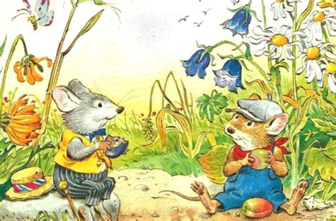 Illustrazione della favola del topo di campagna e del topo di città