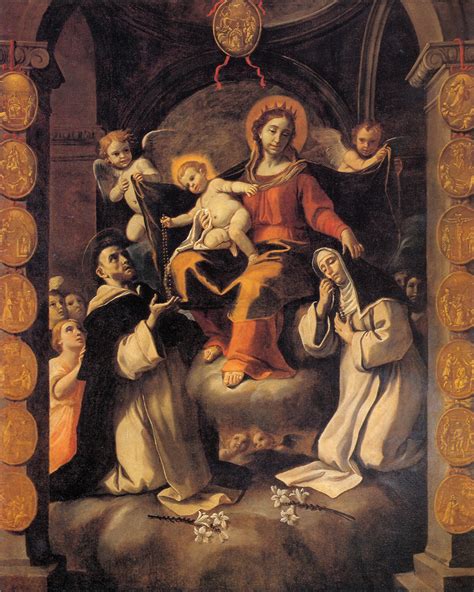 Descrizione dell'iconografia della Madonna del Rosario di Mattia Preti, con la Vergine e il Bambino circondati da figure celesti e santi domenicani.