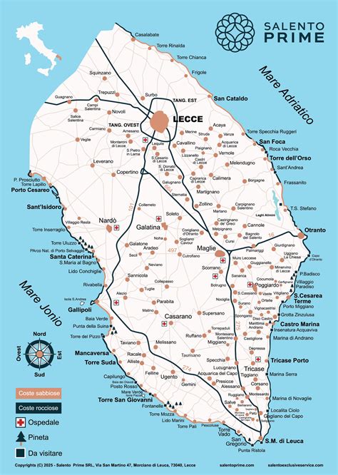 Mappa del Salento con evidenziate le località di Tricase, Alessano e Poggiardo, mostrando le principali infrastrutture e aree di interesse