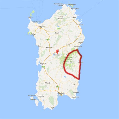 Mappa dell'Ogliastra in Sardegna con evidenziati Telévras e Narghilé