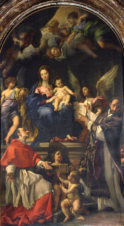 rappresentazione pittorica dell'Immacolata di Mattia Bortoloni con i santi Carlo Borromeo e Felice, stile barocco veneto