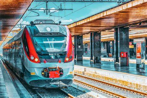 Treno ad alta velocità in stazione o passeggeri con bagagli