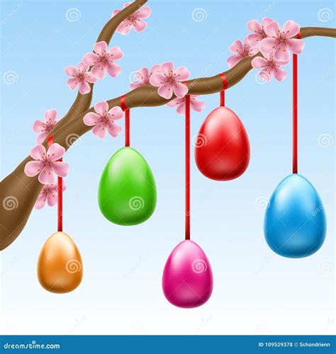 uova di Pasqua decorate appese a rami d'albero, con un'atmosfera festiva