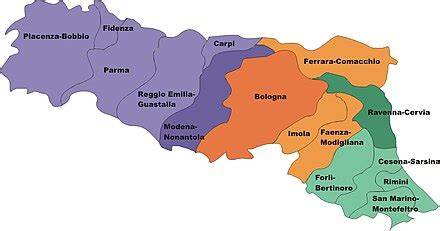 Mappa della regione ecclesiastica Emilia-Romagna con evidenziata la Diocesi di Fidenza