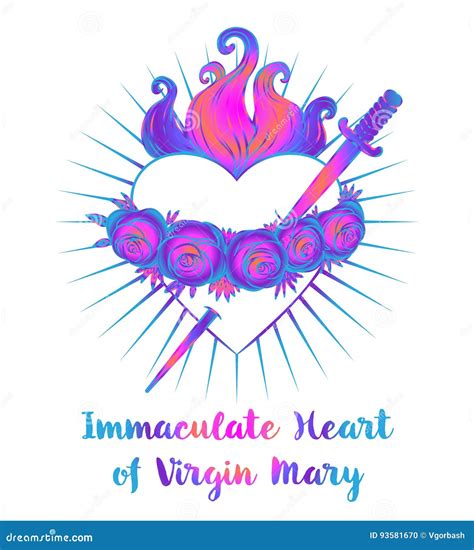 Illustrazione del Cuore Immacolato di Maria circondato da rose e fiamme d'amore