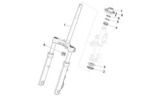 Schema tecnico della forcella anteriore della Gilera Giubileo 124 con indicazione dei componenti