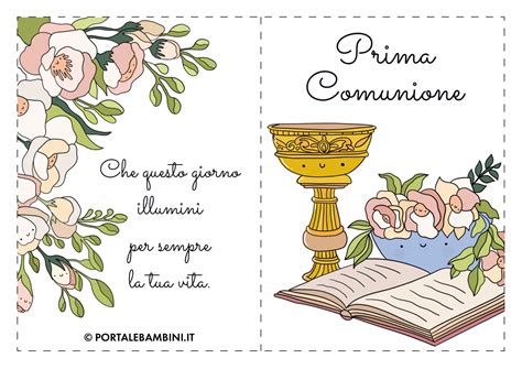 Illustrazione di frasi di auguri per la Prima Comunione con elementi religiosi