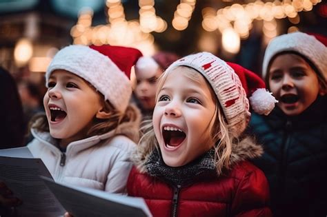 Bambini che cantano canti natalizi in un villaggio innevato