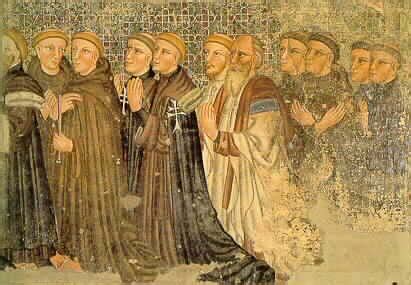 Illustrazione medievale di monaci agostiniani che studiano in un monastero