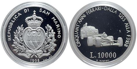Dettagli tecnici e un'immagine fronte/retro della moneta da 10000 Lire San Marino