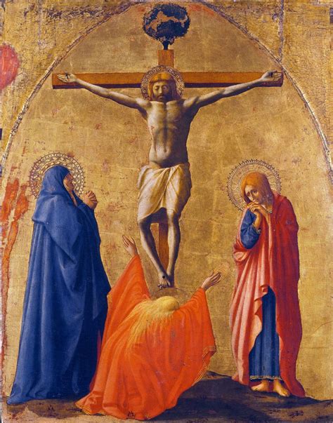 Dettaglio della Crocifissione di Masaccio, con la figura della Maddalena