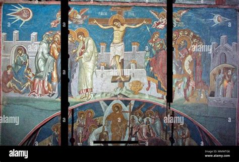 Fresco of the Crucifixion at Visoki Dečani Monastery, highlighting the alleged UFOs