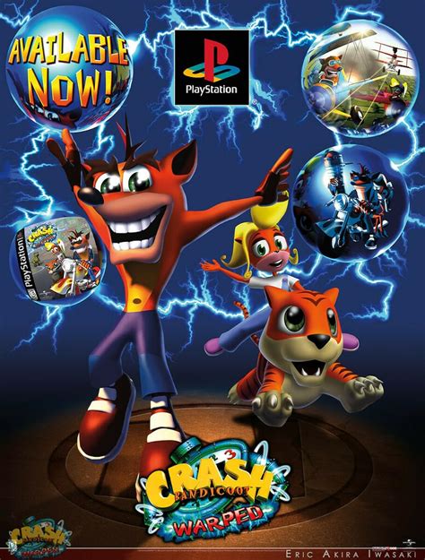 Artwork promozionale di Crash Bandicoot 3: Warped con Crash che viaggia nel tempo